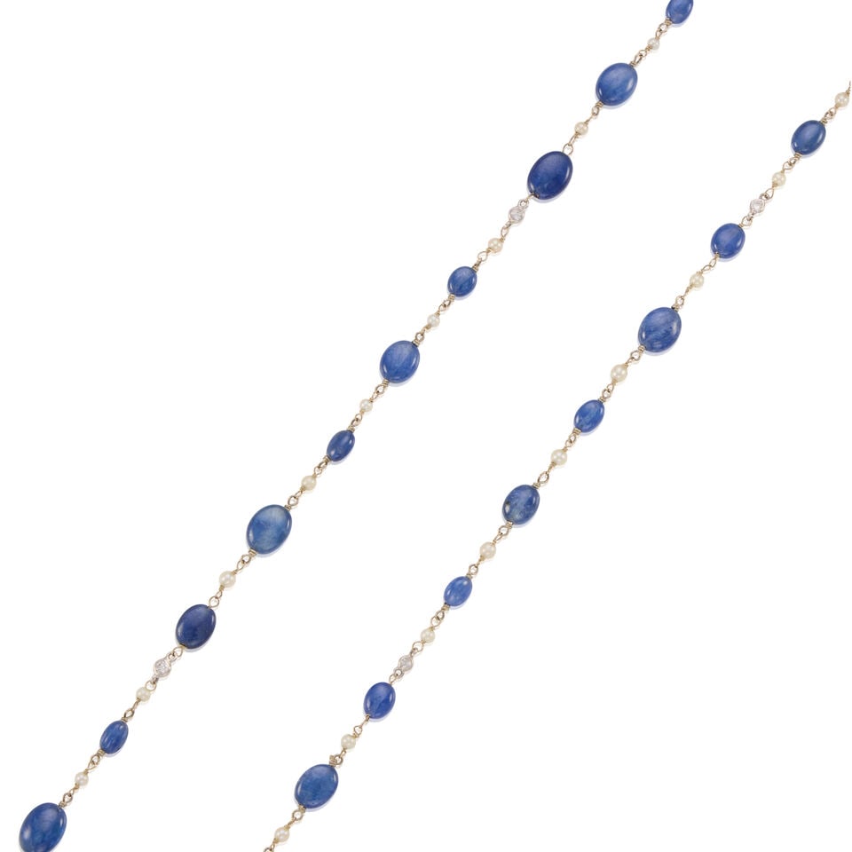 14K GOLD, SAPPHIRE, CULTURED PEARL, AND DIAMOND NECKLACE - 2
