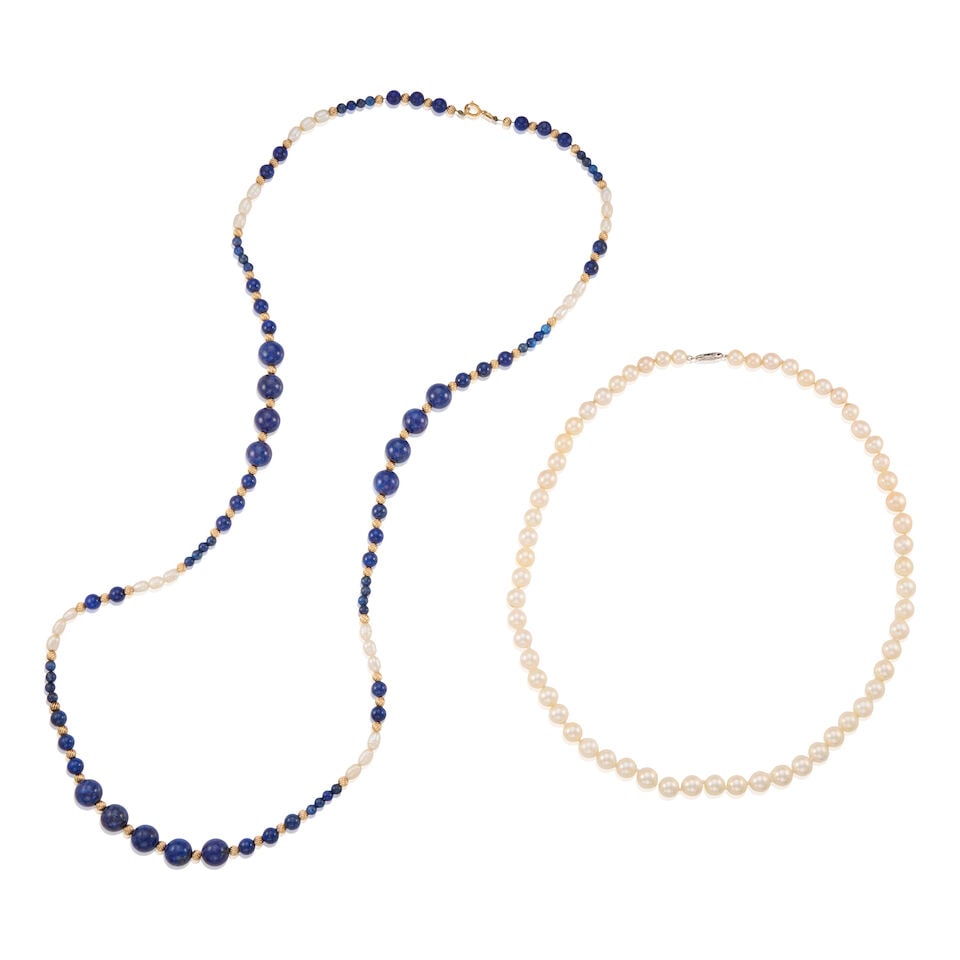 TWO GOLD, CULTURED PEARL, AND LAPIS LAZULI NECKLACES (1 of 2)