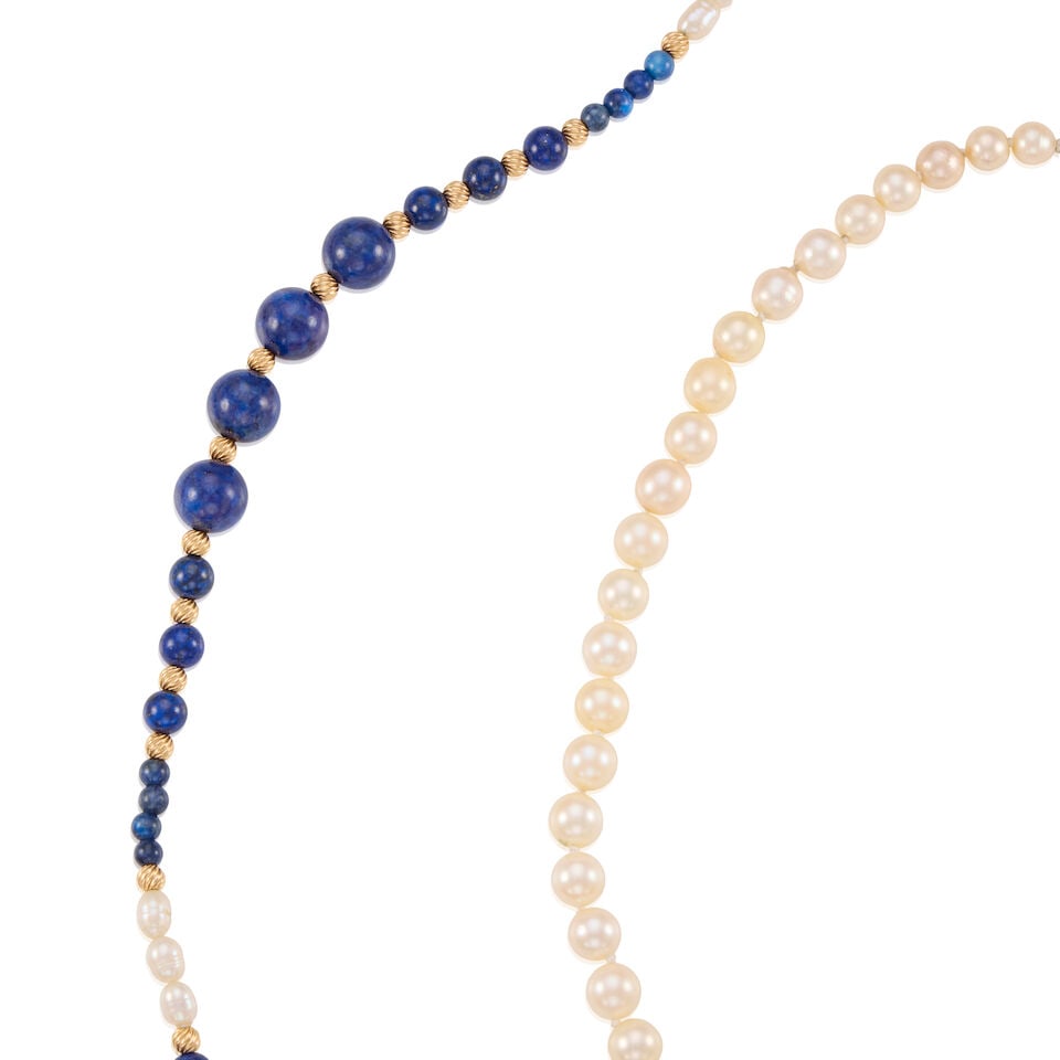 TWO GOLD, CULTURED PEARL, AND LAPIS LAZULI NECKLACES - 2