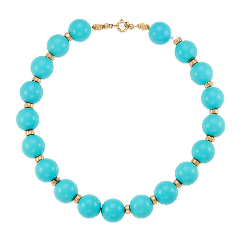 GOLD AND COMPOSITE TURQUOISE NECKLACE: GOLD AND COMPOSITE TURQUOISE NECKLACE • 14K and 16K yellow gold • Numerous composite turquoise beads measuring approximately 18.01mm in diameter • Length 15 3/4 in. •