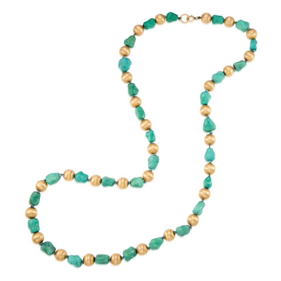 GOLD AND TURQUOISE NECKLACE: GOLD AND TURQUOISE NECKLACE • 14K yellow gold beads • Numerous turquoises in a variety of shapes and sizes, measuring approximately 12.89mm x 8.60mm to 14.52mm x 10.53mm • Length 32
