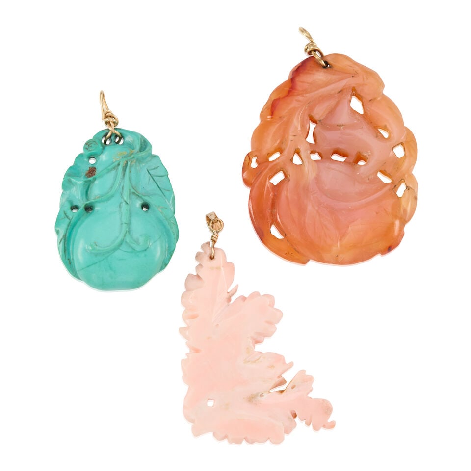 CARVED CORAL AND GEMSTONE PENDANTS - 2