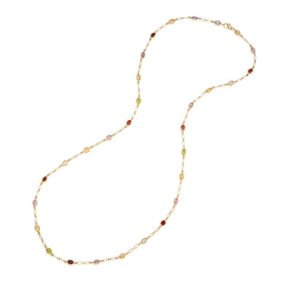 14K GOLD AND MUTLIGEM NECKLACE: 14K GOLD AND MUTLIGEM NECKLACE • 14K yellow gold • Numerous oval shaped gemstones consisting of garnet, peridot, amethyst, and citrine, measuring approximately 6.64mm x 5.12mm x 2.87mm 