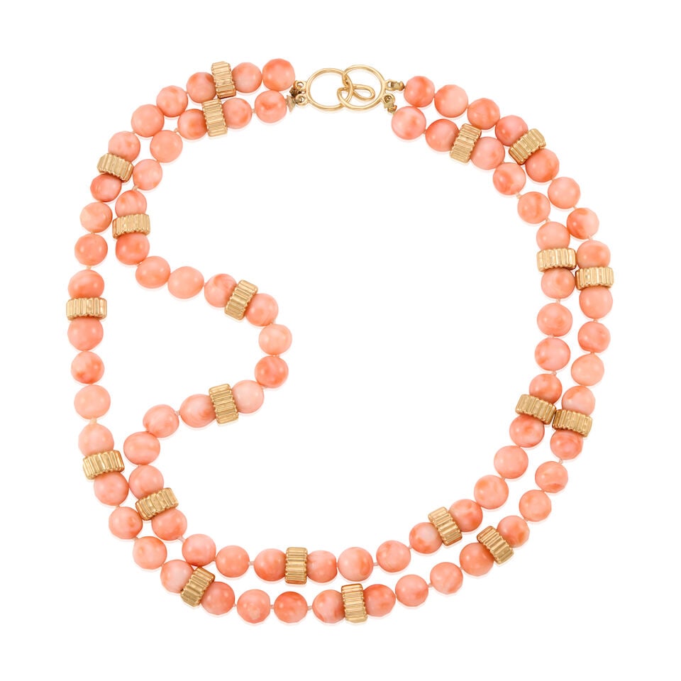14K GOLD AND CORAL NECKLACE: 14K GOLD AND CORAL NECKLACE • 14K yellow gold • Numerous coral beads measuring approximately 8.75mm in diameter • Length 16 1/2 in. • Estimated gross weight: 92.1 grams Footnot