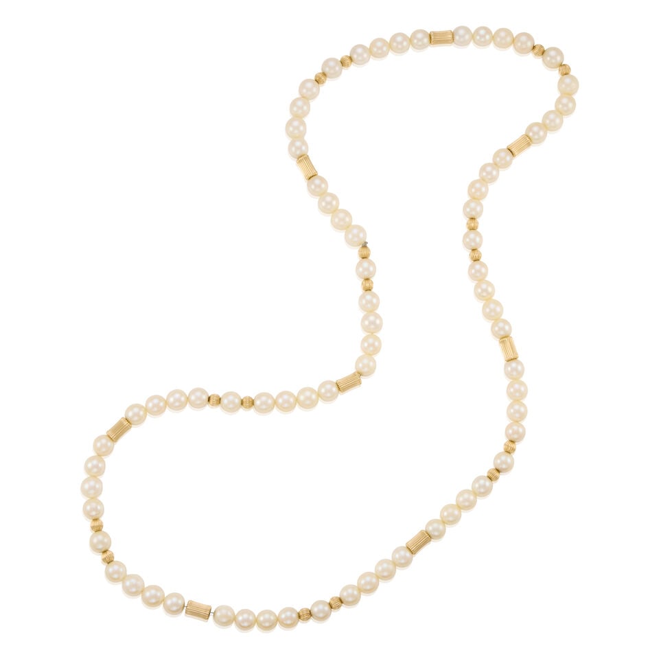 14K GOLD AND CULTURED PEARL NECKLACE: 14K GOLD AND CULTURED PEARL NECKLACE • 14K yellow gold beads • Numerous cultured pearls measuring approximately 8.75mm in diameter • Length 14 3/4 in., no clasp • Estimated