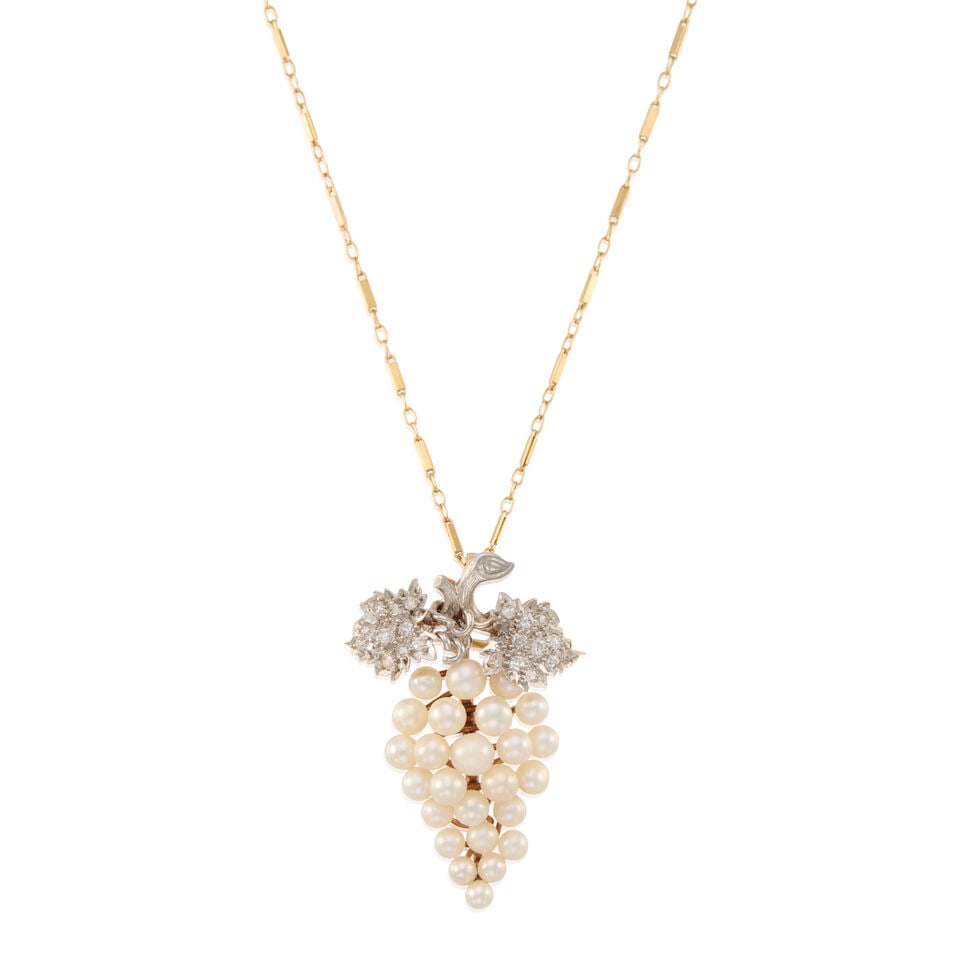 14K BIGOLD, CULTURED PEARL, AND DIAMOND PENDANT NECKLACE (1 of 2)