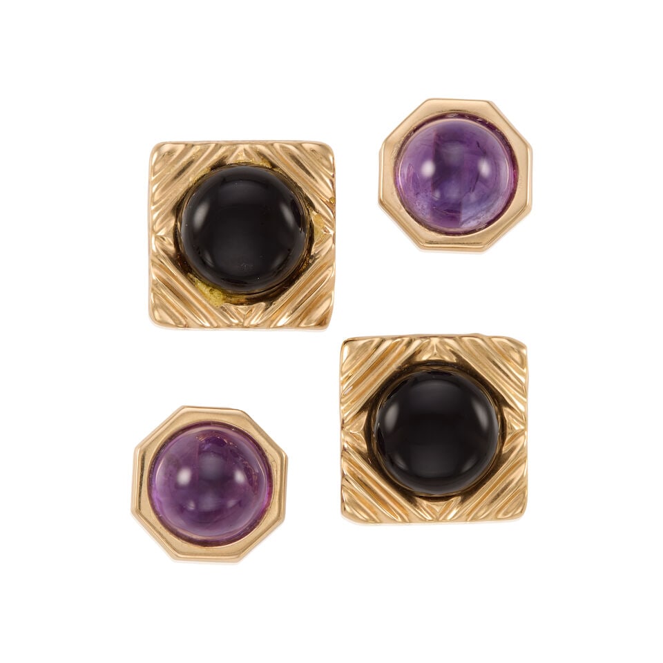12K GOLD, ONYX, AND AMETHYST EARRINGS: 12K GOLD, ONYX, AND AMETHYST EARRINGS • One pair of 12K yellow gold earrings with two amethyst measuring approximately 17.09mm in diameter, measuring 3/4 in. x 3/4 in. • One pair of 12K