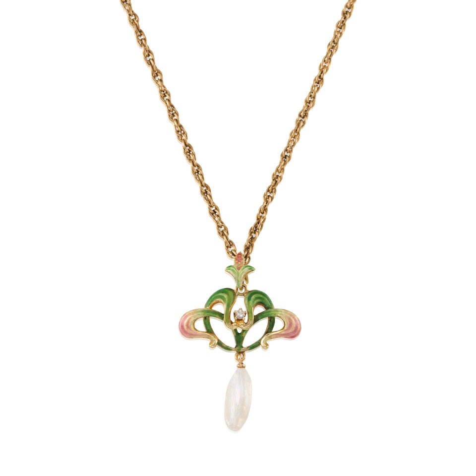 GOLD, CULTURED PEARL, AND DIAMOND PENDANT NECKLACE: GOLD, CULTURED PEARL, AND DIAMOND PENDANT NECKLACE • 14K gold and low karat gold topped base metal • Antique pendant • One cultured pearl measuring 12.14mm in length • One roun
