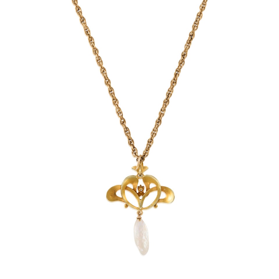 GOLD, CULTURED PEARL, AND DIAMOND PENDANT NECKLACE - 2