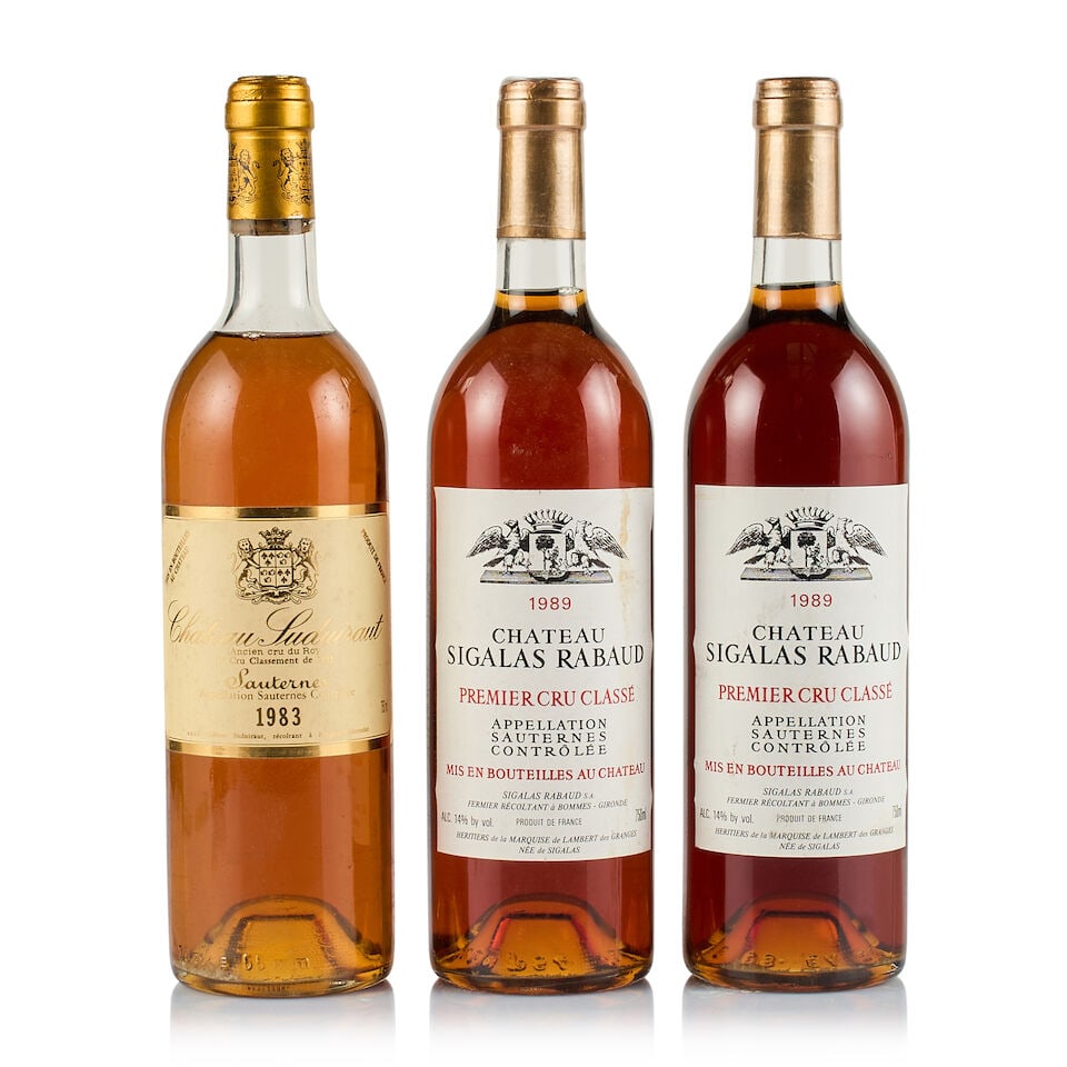 Mixed Lot of Sauternes, Grands Crus Classés, 1983 & 1989 (3 x 750ml): Château Suduiraut, Sauternes, Grand Cru Classé, 1983 (1 x 750ml) Region: Bordeaux Fill Level: upper shoulder Capsule: bin-soiled and creased Cork: slightly raised Label: damp-stained and bin