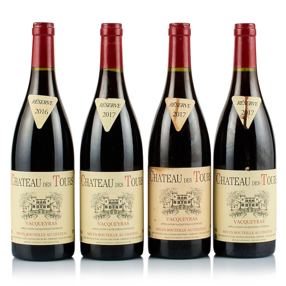 Château des Tours, Vacqueyras, 2016 & 2017 (4 x 750ml): Château des Tours, Vacqueyras, 2016 (1 x 750ml) Region: Rhône Valley Fill Level: excellent Capsule: very slightly scratched on top Cork: ok Label: excellent appearance Packaging: neutral car