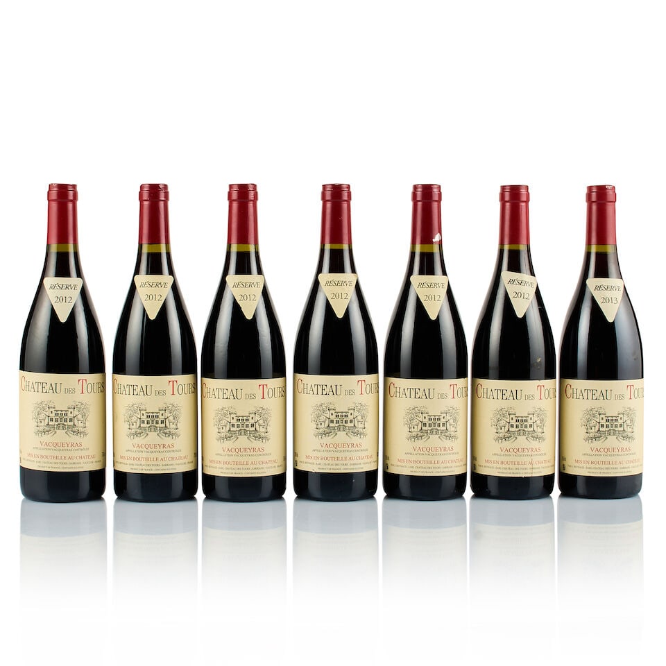 Château des Tours, Vacqueyras, 2012 & 2013 (7 x 750ml): Château des Tours, Vacqueyras, 2012 (6 x 750ml) Region: Rhône Valley Fill Level: excellent Capsule: 3x slightly scratched on top, 3x ok Cork: ok Label: 1x marked, 3x good appearance, 2x