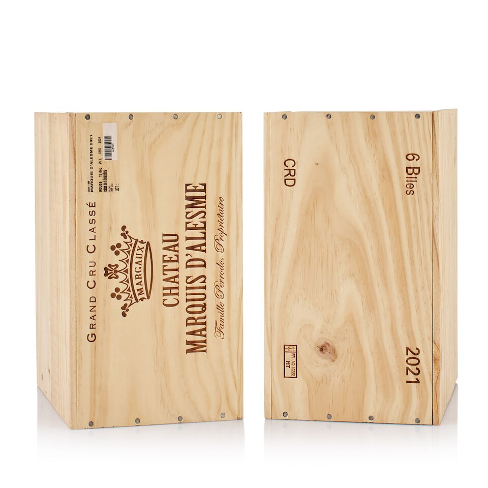Château Marquis d'Alesme, Margaux, 2021 (12 x 750ml): Château Marquis d'Alesme, Margaux, 2021 (12 x 750ml) Region: Bordeaux Packaging: 2x original wooden cases Miscellaneous: not open For further information on this lot please visit Bonhams.com For 