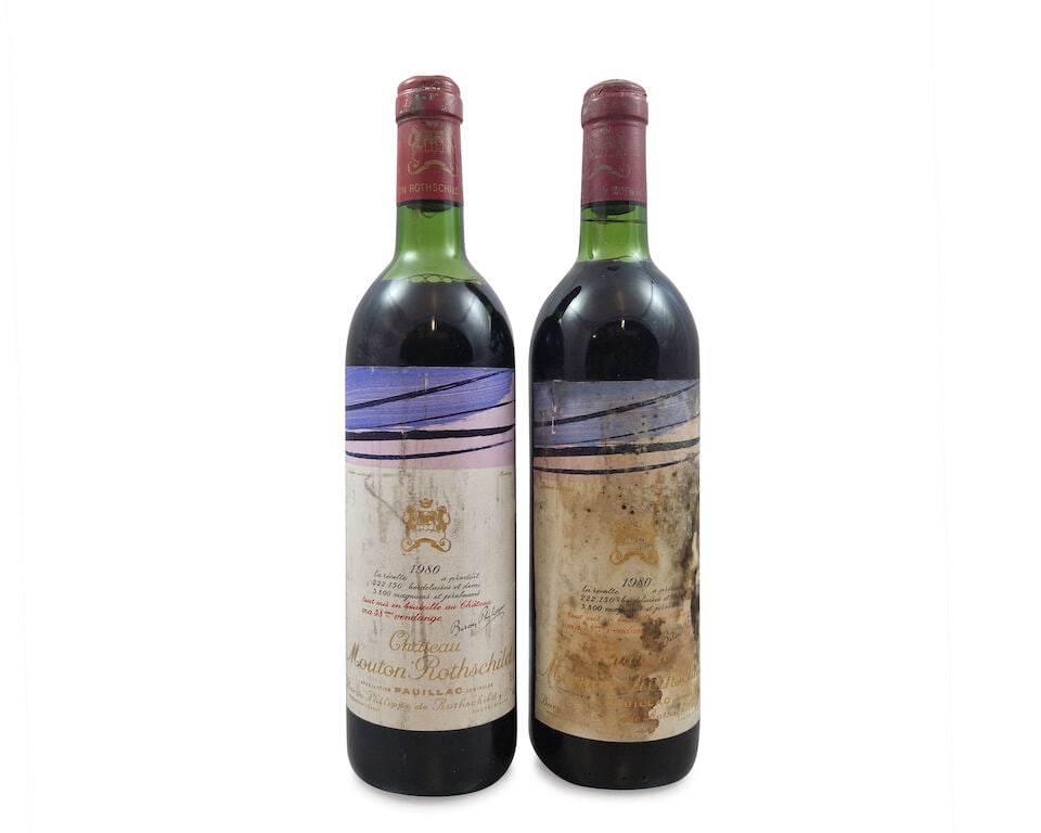 Château Mouton Rothschild, Pauillac, 1er Grand Cru Classé, 1980 (2 x 750ml): Château Mouton Rothschild, Pauillac, 1er Grand Cru Classé, 1980 (2 x 750ml) Region: Bordeaux Fill Level: 1x high mid shoulder, 1x base of neck Capsule: 2x signs of old seepage Cork: ok Label