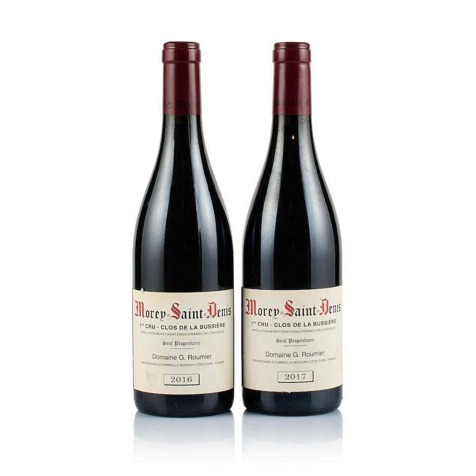 Domaine G. Roumier, Morey-Saint-Denis 1er Cru, Clos de la Bussière, 2016 & 2017 (2 x 750ml): Domaine G. Roumier, Morey-Saint-Denis 1er Cru, Clos de la Bussière, 2016 (1 x 750ml) Region: Burgundy Fill Level: excellent Capsule: ok Cork: slightly depressed Label: slightly stained Packaging: