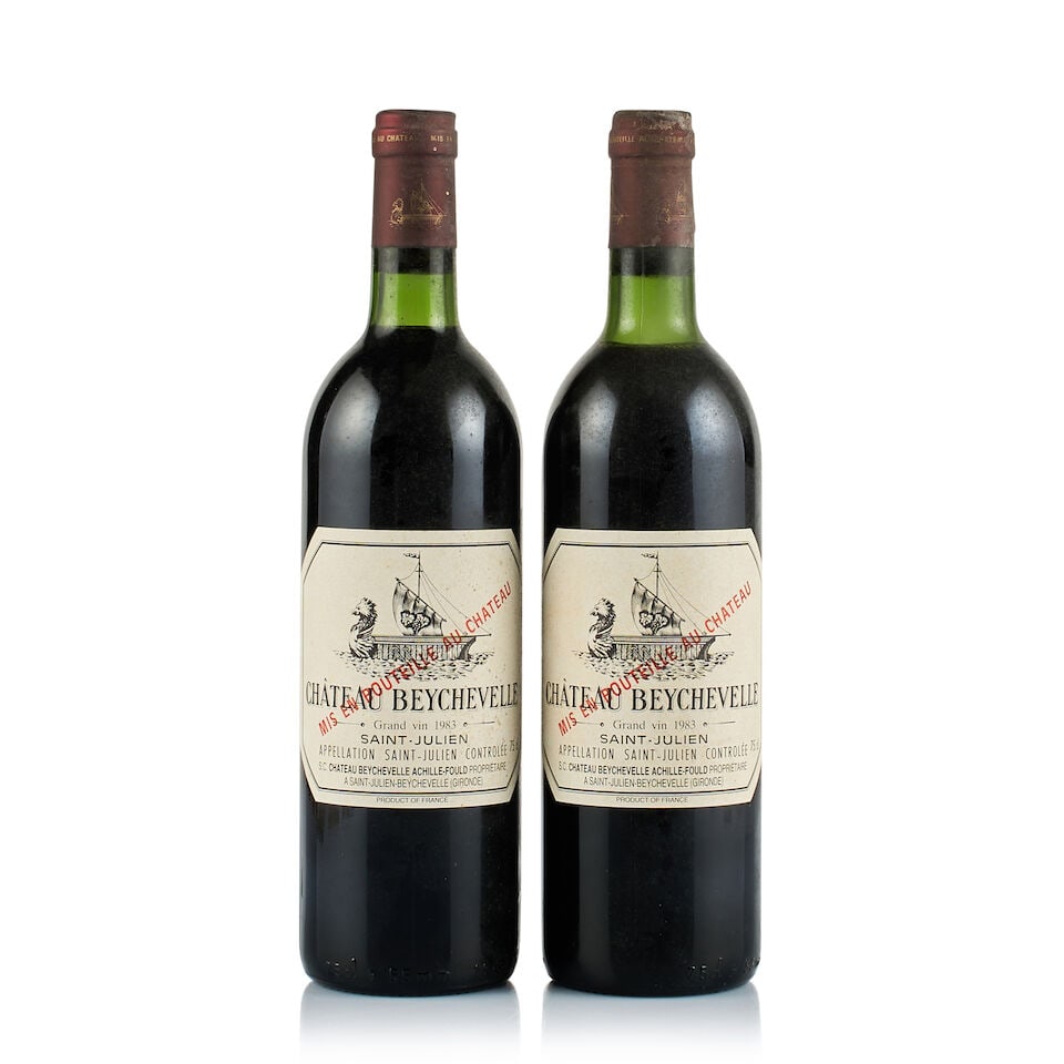 Château Beychevelle, Saint-Julien, Grand Cru Classé, 1983 (2 x 750ml): Château Beychevelle, Saint-Julien, Grand Cru Classé, 1983 (2 x 750ml) Region: Bordeaux Fill Level: 1x base of neck, 1x top shoulder Capsule: 2x bin-soiled and stained Cork: 2x slightly depre