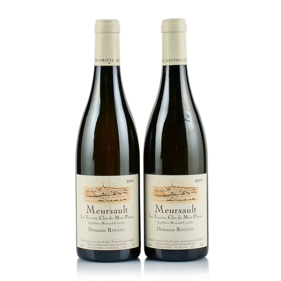 Domaine Roulot, Meursault, Les Tessons Clos de Mon Plaisir, 2005 (2 x 750ml): Domaine Roulot, Meursault, Les Tessons Clos de Mon Plaisir, 2005 (2 x 750ml) Region: Burgundy Fill Level: excellent Capsule: ok Cork: 1x very slightly depressed, 1x very slightly raised Label: 1x stai
