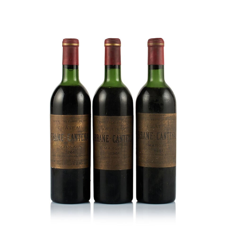Château Brane-Cantenac, Margaux, Grand Cru Classé, 1961 (3 x 750ml): Château Brane-Cantenac, Margaux, Grand Cru Classé, 1961 (3 x 750ml) Region: Bordeaux Fill Level: 2x mid shoulder, 1x upper shoulder Capsule: 3x bin-soiled and stained Cork: ok Label: 3x