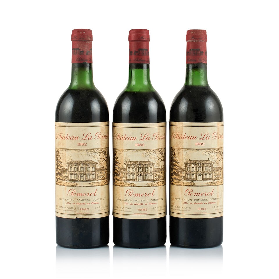 Château La Pointe, Pomerol, 1982 (3 x 750ml): Château La Pointe, Pomerol, 1982 (3 x 750ml) Region: Bordeaux Fill Level: 1x upper shoulder, 1x mid shoulder, 1x into neck Capsule: all slightly marked, 1x corroded Cork: ok Label: 3x very slight