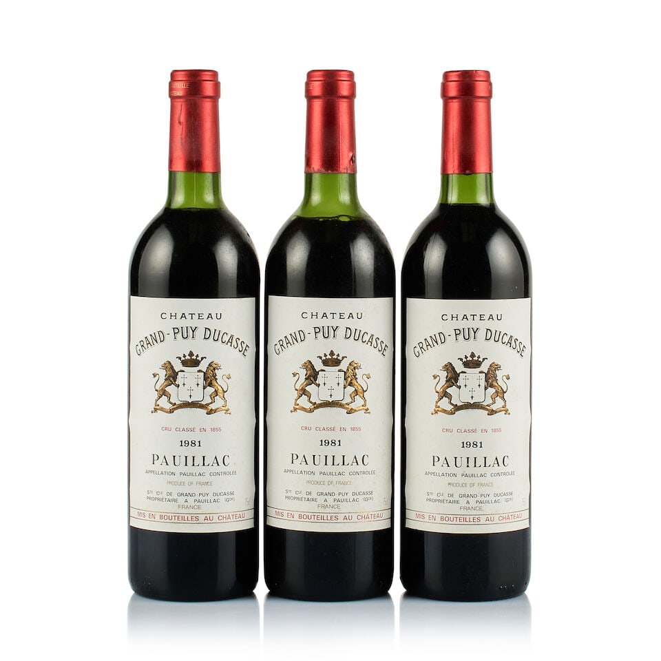 Château Grand-Puy Ducasse, Pauillac, Grand Cru Classé, 1981 (3 x 750ml): Château Grand-Puy Ducasse, Pauillac, Grand Cru Classé, 1981 (3 x 750ml) Region: Bordeaux Fill Level: 1x base of neck, 1x top shoulder, 1x upper shoulder Capsule: 3x slightly bin-soiled Cork: