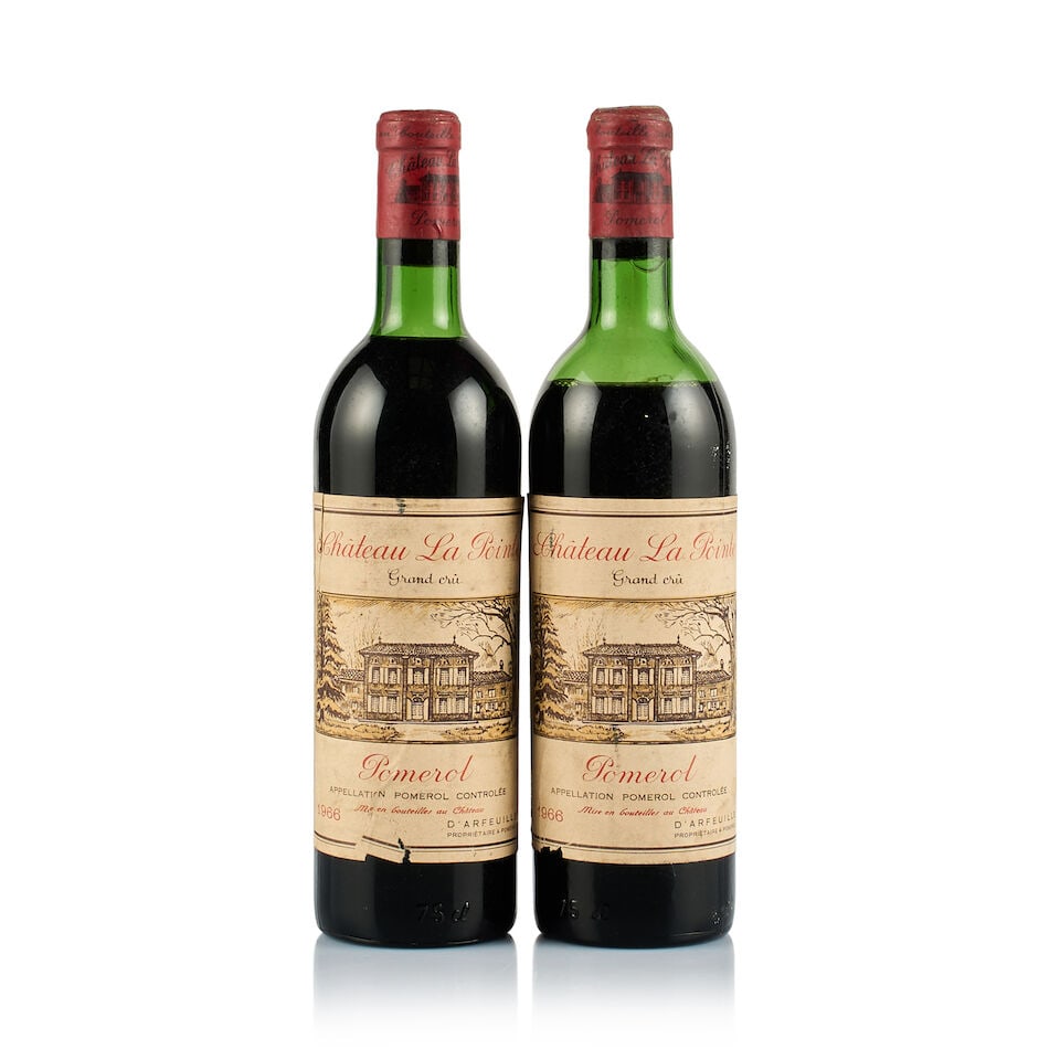 Château La Pointe, Pomerol, 1966 (2 x 750ml): Château La Pointe, Pomerol, 1966 (2 x 750ml) Region: Bordeaux Fill Level: 1x top shoulder, 1x below mid shoulder Capsule: 2x bin-soiled and corroded on top Cork: 1x slightly depressed, 1x slightl