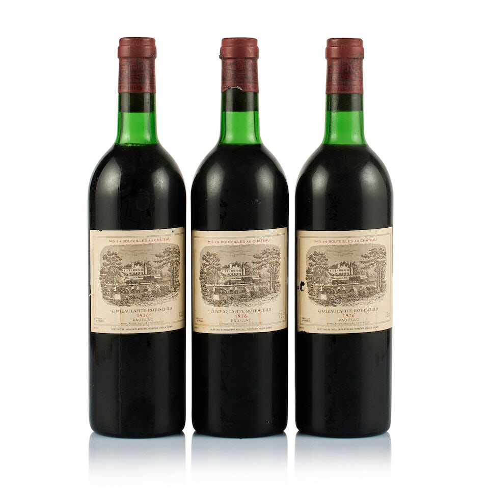 Château Lafite Rothschild, Pauillac, 1er Grand Cru Classé, 1976 (3 x 730ml): Château Lafite Rothschild, Pauillac, 1er Grand Cru Classé, 1976 (3 x 730ml) Region: Bordeaux Fill Level: 2x base of neck, 1x top shoulder Capsule: ok Cork: 1x slightly depressed, 2x
