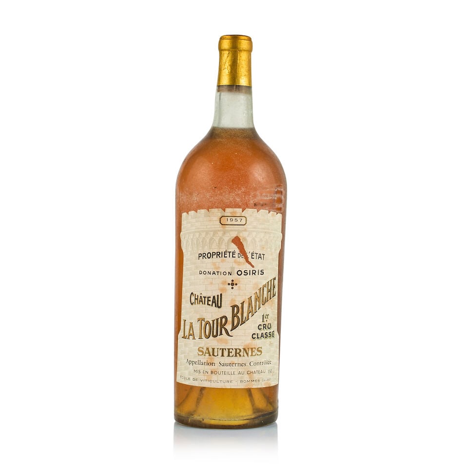 Château La Tour Blanche, Sauternes, 1er Grand Cru Classé, 1957 (1 x Magnum): Château La Tour Blanche, Sauternes, 1er Grand Cru Classé, 1957 (1 x Magnum) Region: Bordeaux Fill Level: base of neck Capsule: ok Cork: ok Label: slightly nicked and stained Packaging: neutr