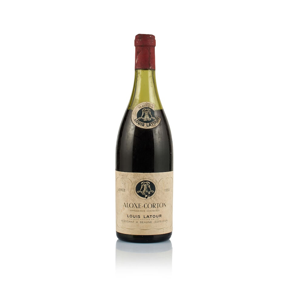 Louis Latour, Aloxe-Corton, 1955 (1 x 750ml): Louis Latour, Aloxe-Corton, 1955 (1 x 750ml) Region: Burgundy Fill Level: under 6cm below base of capsule Capsule: slightly corroded Cork: old sign of seepage Label: bin-soiled and stained; torn estat