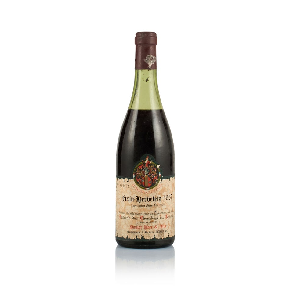 Maison Poulet Père & Fils, Fixin-Hervelet, 1957 (1 x 750ml): Maison Poulet Père & Fils, Fixin-Hervelet, 1957 (1 x 750ml) Region: Burgundy Fill Level: under 5.5cm below base of capsule Capsule: paint scratched and bin-soiled Cork: ok Label: bin-soiled and n