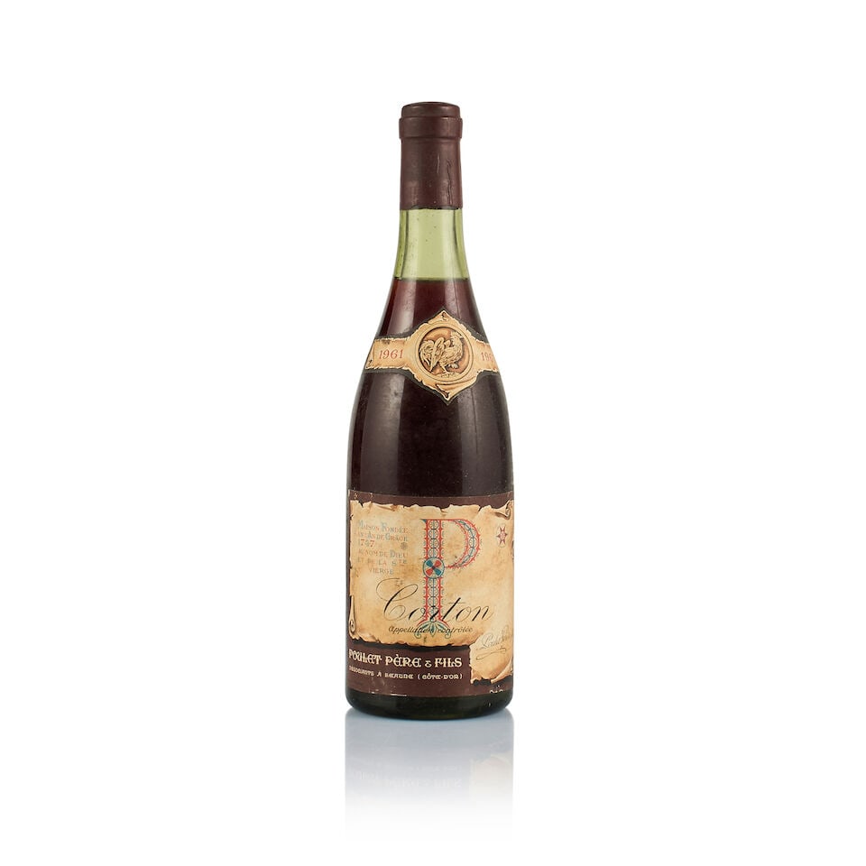 Maison Poulet Père & Fils, Corton Grand Cru, 1961 (1 x 750ml): Maison Poulet Père & Fils, Corton Grand Cru, 1961 (1 x 750ml) Region: Burgundy Fill Level: under 3cm below base of capsule Capsule: ok Cork: very slightly depressed Label: stained and bin-soiled 