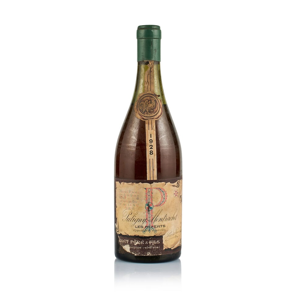 Maison Poulet Père & Fils, Puligny-Montrachet 1er Cru, Les Referts, 1928 (1 x 750ml): Maison Poulet Père & Fils, Puligny-Montrachet 1er Cru, Les Referts, 1928 (1 x 750ml) Region: Burgundy Fill Level: under 5cm below base of cork Capsule: plastic capsule, stained Cork: slightly dep