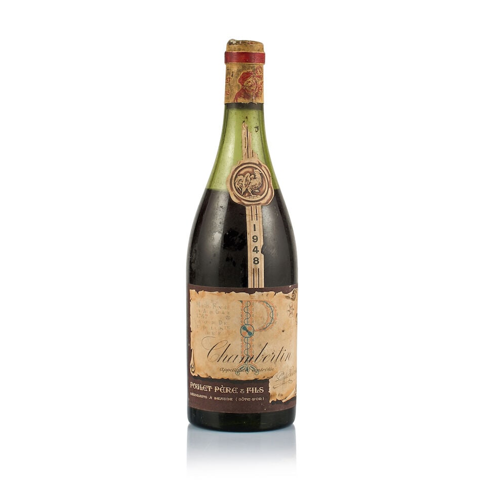 Maison Poulet Père & Fils, Chambertin Grand Cru, 1948 (1 x 750ml): Maison Poulet Père & Fils, Chambertin Grand Cru, 1948 (1 x 750ml) Region: Burgundy Fill Level: under 7.5cm below base of cork Capsule: corroded and bin-soiled, old signs of seepage Cork: slightly