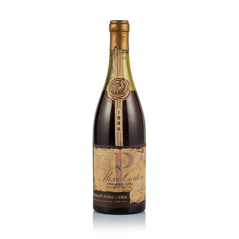Maison Poulet Père & Fils, Aloxe-Corton 1er Cru, 1946 (1 x 750ml): Maison Poulet Père & Fils, Aloxe-Corton 1er Cru, 1946 (1 x 750ml) Region: Burgundy Fill Level: under 6cm below base of cork Capsule: plastic capsule, cracked on top Cork: slightly depressed Label