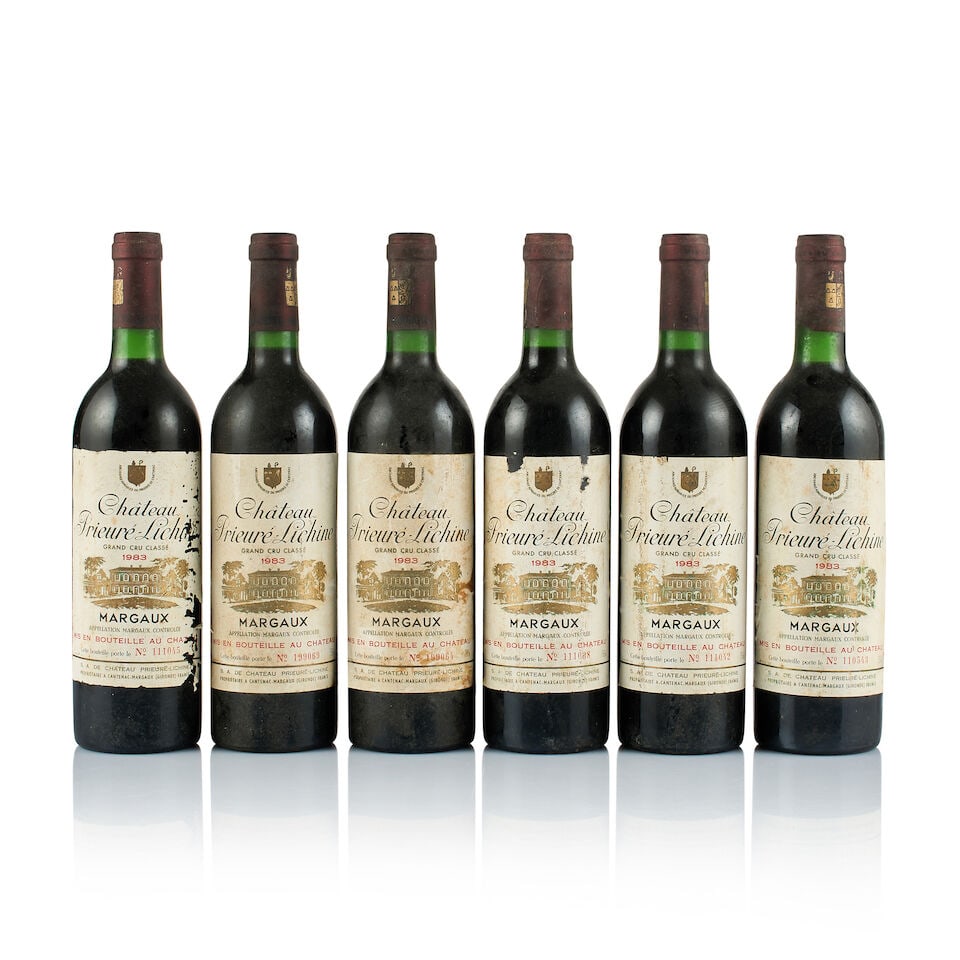Château Prieuré-Lichine, Margaux, Grand Cru Classé, 1983 (6 x 750ml): Château Prieuré-Lichine, Margaux, Grand Cru Classé, 1983 (6 x 750ml) Region: Bordeaux Fill Level: into neck Capsule: 6x bin-soiled Cork: 2x very slightly depressed, 4x ok Label: all