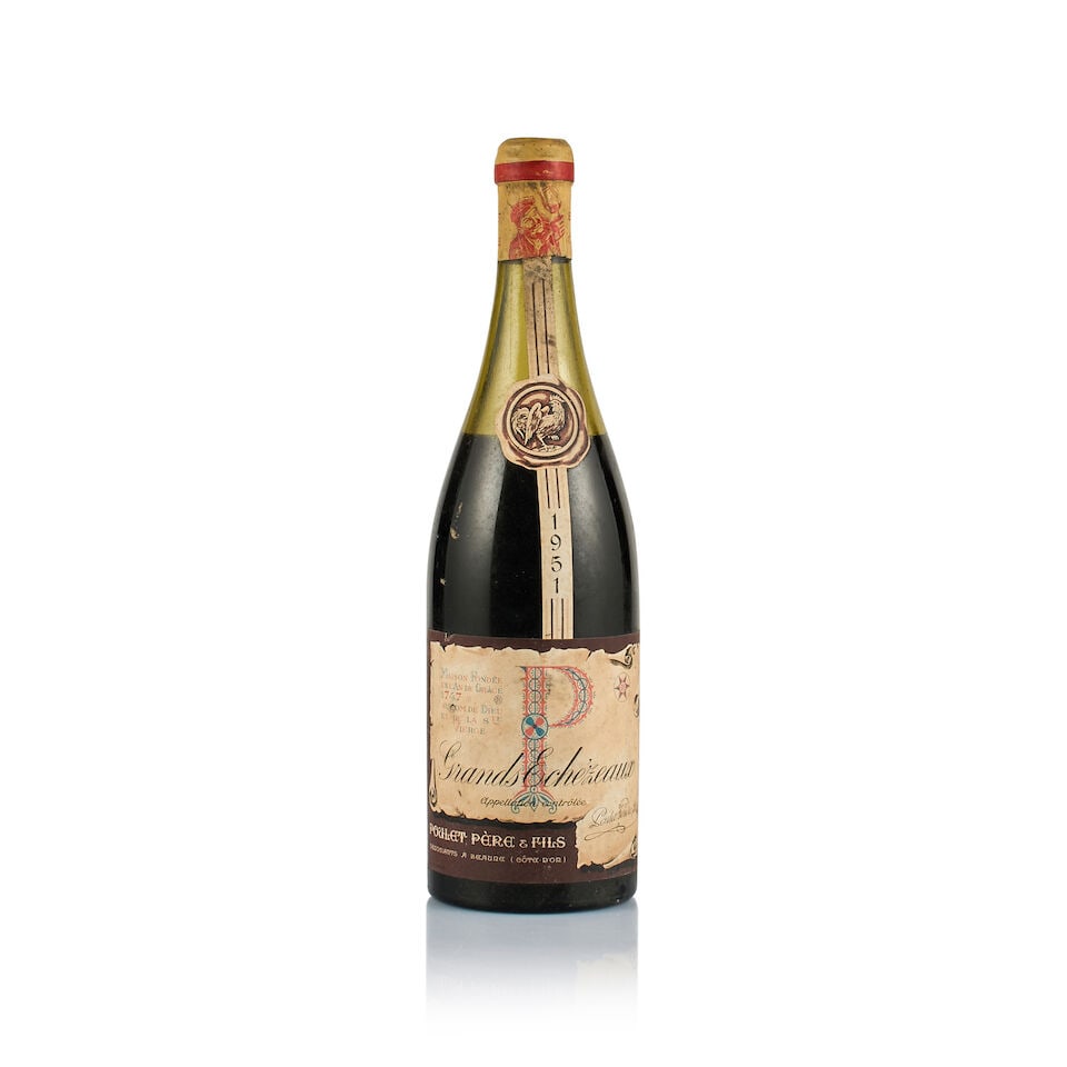 Maison Poulet Père & Fils, Grands-Echézeaux Grand Cru, 1951 (1 x 750ml): Maison Poulet Père & Fils, Grands-Echézeaux Grand Cru, 1951 (1 x 750ml) Region: Burgundy Fill Level: under 7cm below base of capsule Capsule: stained and bin-soiled Cork: ok Label: bin-soile