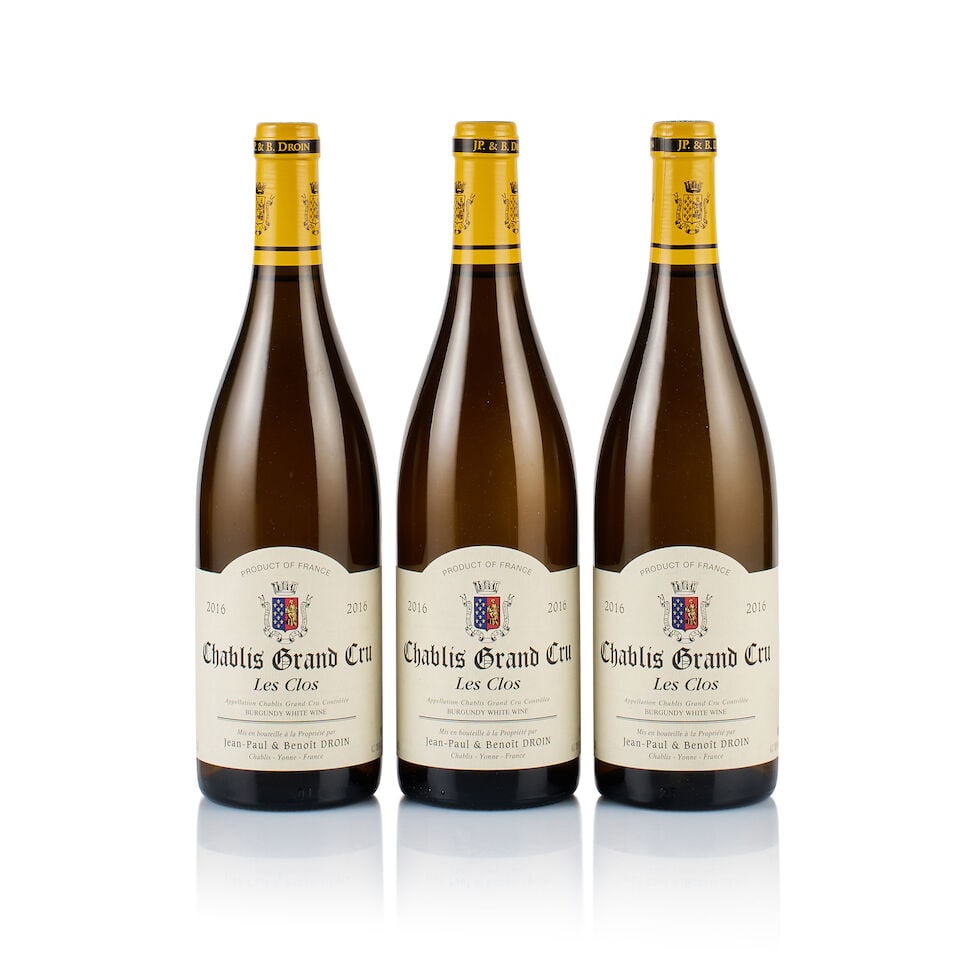 Domaine Droin, Chablis Grand Cru, Les Clos, 2016 (3 x 750ml): Domaine Droin, Chablis Grand Cru, Les Clos, 2016 (3 x 750ml) Region: Burgundy Fill Level: good Capsule: ok Cork: ok Label: good appearance Packaging: neutral carton Alcohol Content: 13% Lot to be sold