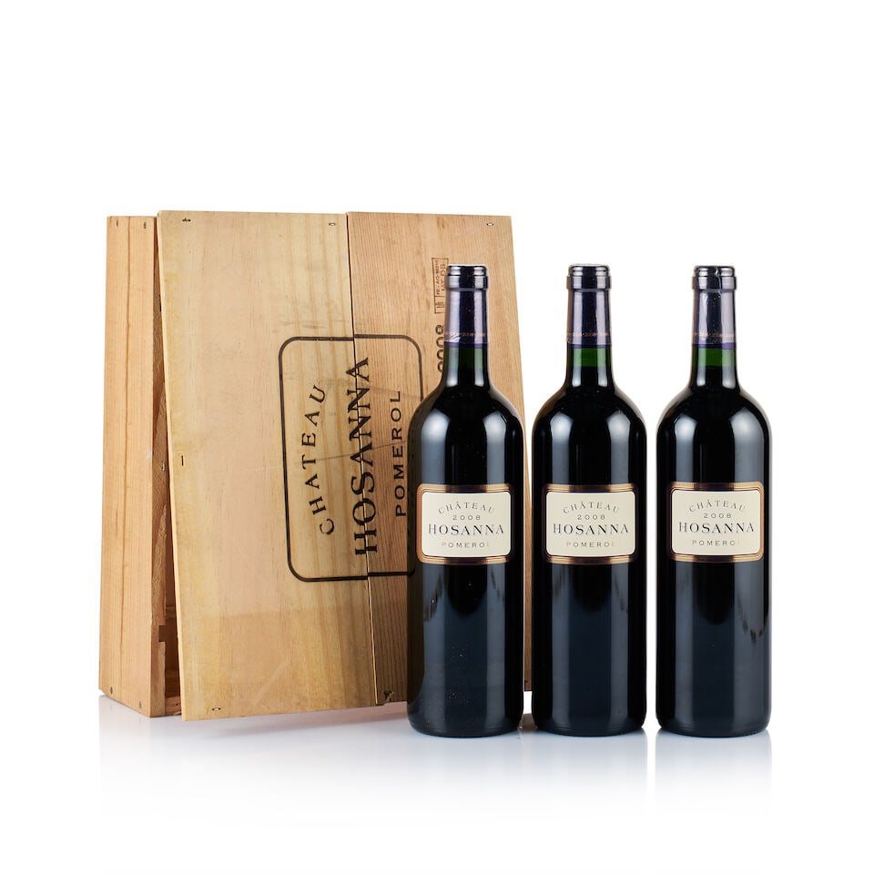 Château Hosanna, Pomerol, 2008 (3 x 750ml): Château Hosanna, Pomerol, 2008 (3 x 750ml) Region: Bordeaux Fill Level: into neck Capsule: ok Cork: ok Label: excellent appearance Packaging: original wooden case Alcohol Content: 14% For further