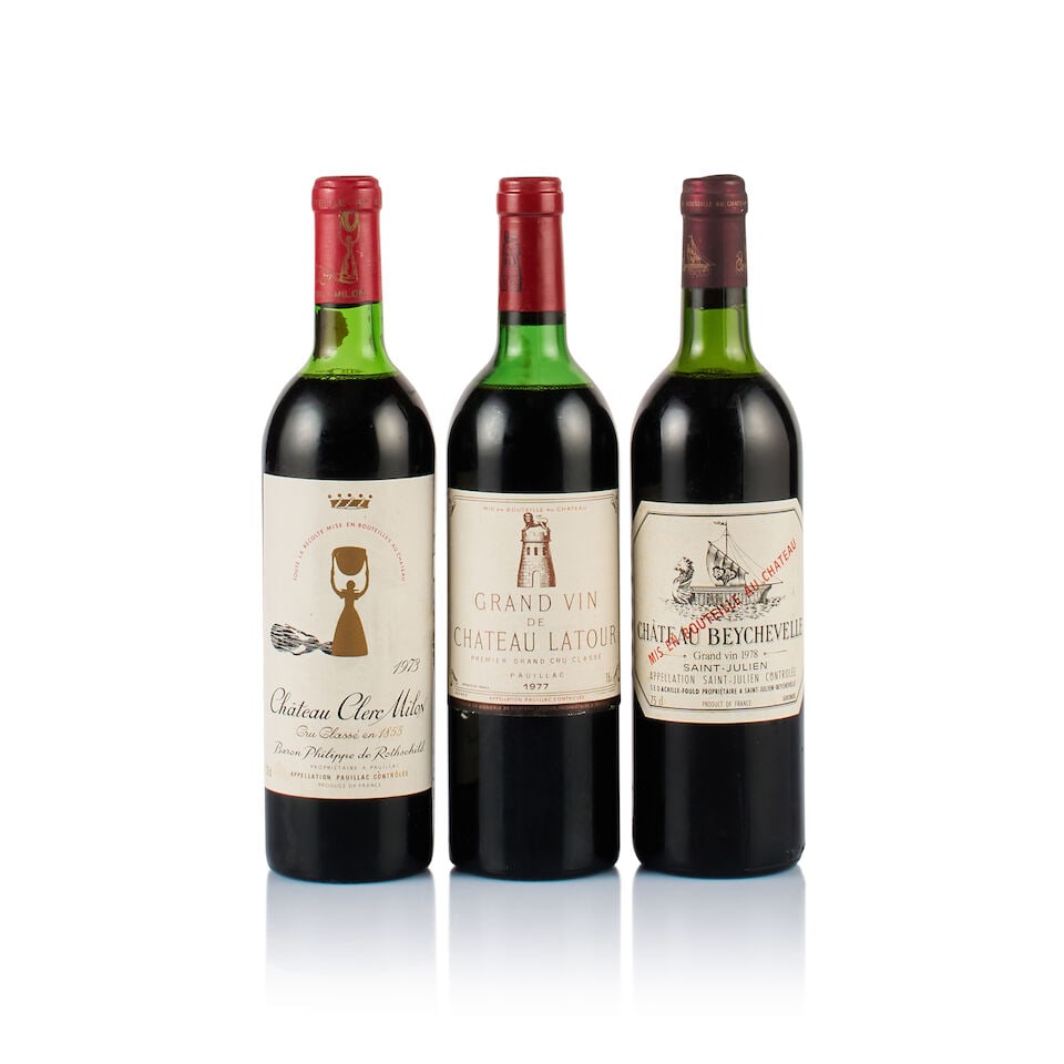 Mixed Lot of Bordeaux Left Bank, Grands Crus Classés, 1973, 1977 & 1978 (1 x 730ml & 2 x 75...: Château Clerc-Milon, Pauillac, Grand Cru Classé, 1973 (1 x 730ml) Fill Level: upper shoulder Capsule: very slightly marked Cork: very slightly raised Label: bin-soiled and damp-affected Pack