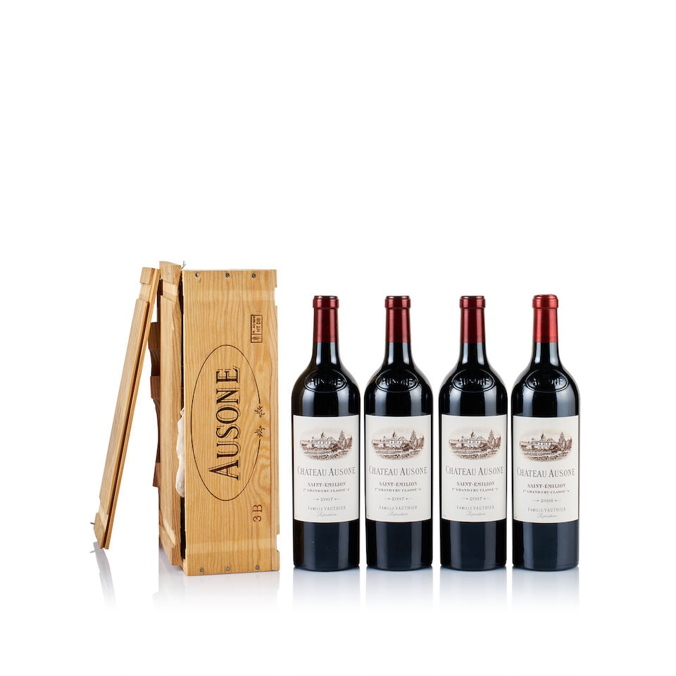 Château Ausone, Saint-Emilion, 2007 & 2008 (4 x 750ml): Château Ausone, Saint-Emilion, 2007 (3 x 750ml) Region: Bordeaux Fill Level: into neck Capsule: ok Cork: ok Label: excellent appearance Packaging: original wooden case Miscellaneous: paper