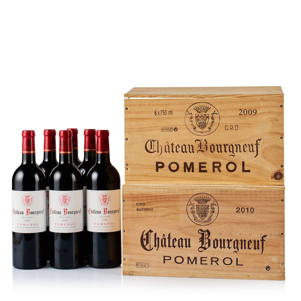 Château Bourgneuf, Pomerol, 2009 & 2010 (12 x 750ml): Château Bourgneuf, Pomerol, 2009 (6 x 750ml) Region: Bordeaux Fill Level: 6x base of neck Capsule: ok Cork: ok Label: 5x excellent appearance, 1x scratched Packaging: original wooden case Alcohol