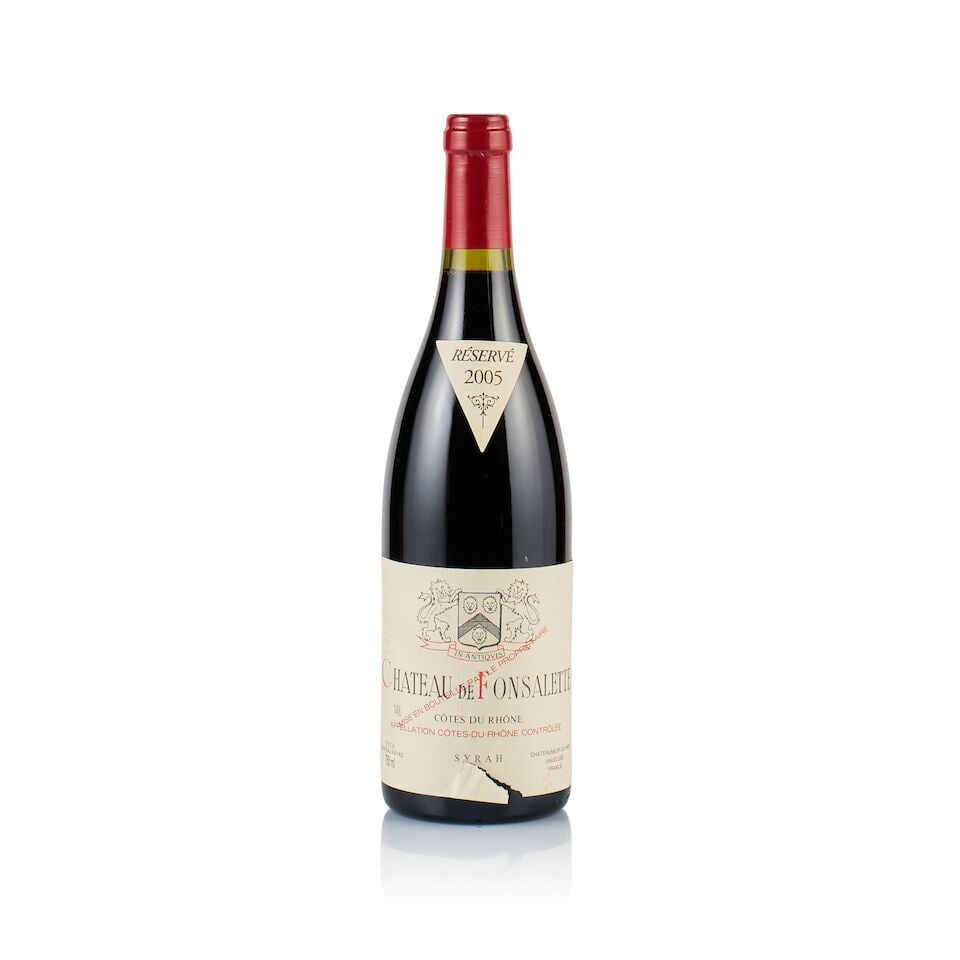 Château de Fonsalette, Côtes du Rhône, Syrah, 2005 (1 x 750ml): Château de Fonsalette, Côtes du Rhône, Syrah, 2005 (1 x 750ml) Region: Rhône Valley Fill Level: excellent Capsule: ok Cork: ok Label: torn at the bottom Packaging: neutral carton A