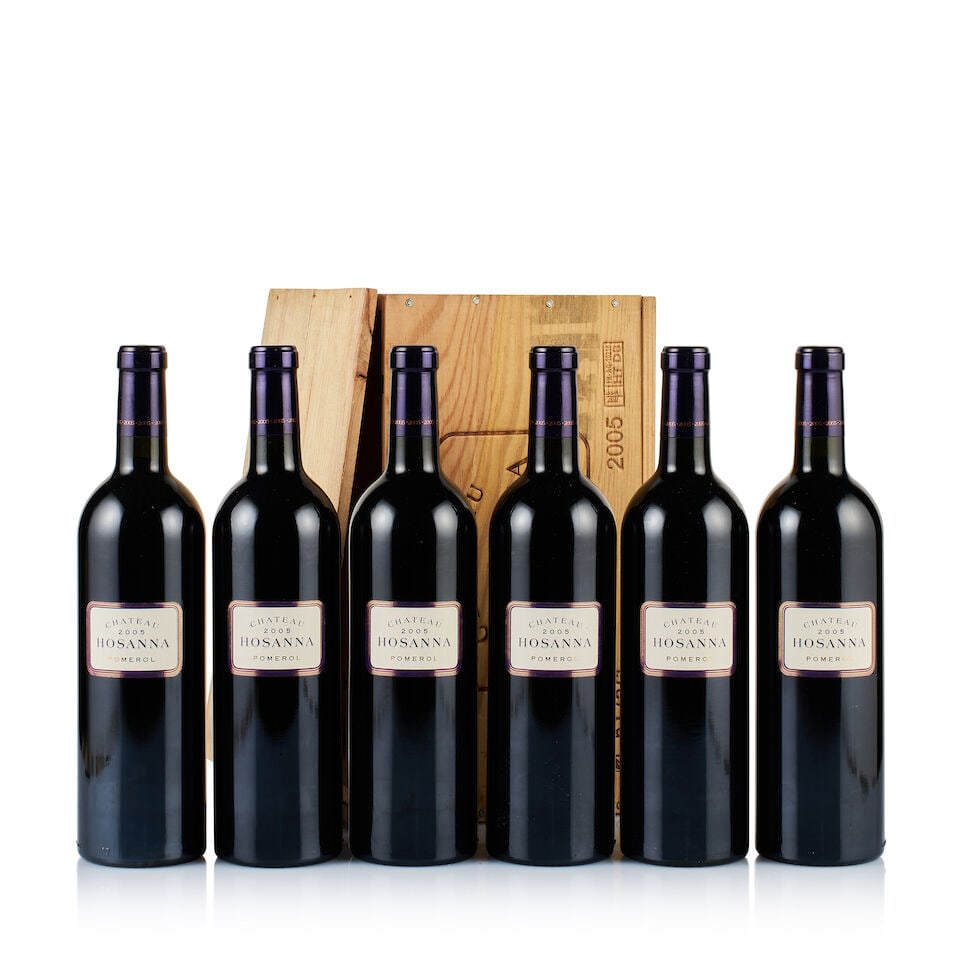 Château Hosanna, Pomerol, 2005 (6 x 750ml): Château Hosanna, Pomerol, 2005 (6 x 750ml) Region: Bordeaux Fill Level: into neck Capsule: ok Cork: 2x very slightly depressed, 4x ok Label: excellent appearance Packaging: original wooden case