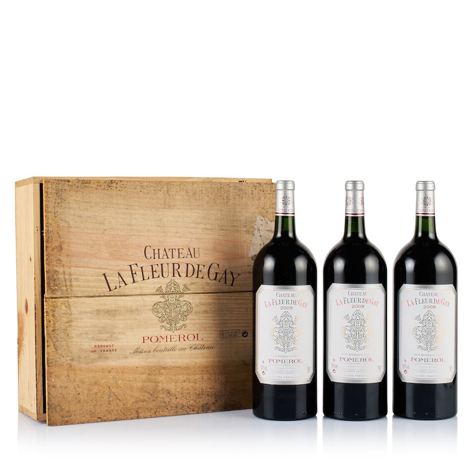 Château La Fleur de Gay, Pomerol, 2009 (3 x Magnum): Château La Fleur de Gay, Pomerol, 2009 (3 x Magnum) Region: Bordeaux Fill Level: 3x base of neck Capsule: ok Cork: 1x very slightly depressed, 2x ok Label: excellent appearance Packaging: origina