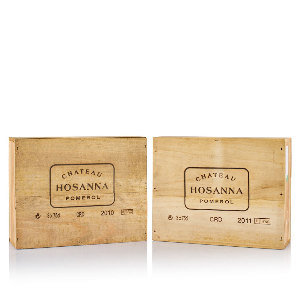 Château Hosanna, Pomerol, 2010 & 2011 (6 x 750ml): Château Hosanna, Pomerol, 2010 (3 x 750ml) Region: Bordeaux Packaging: original wooden case Miscellaneous: not open Château Hosanna, Pomerol, 2011 (3 x 750ml) Region: Bordeaux Packaging: