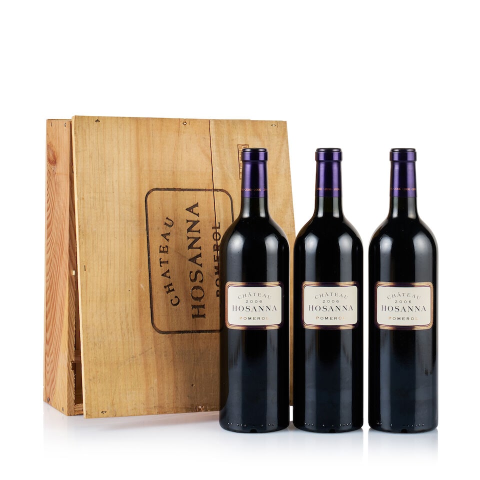 Château Hosanna, Pomerol, 2006 (3 x 750ml): Château Hosanna, Pomerol, 2006 (3 x 750ml) Region: Bordeaux Fill Level: 3x base of neck Capsule: ok Cork: ok Label: excellent appearance Packaging: original wooden case Alcohol Content: