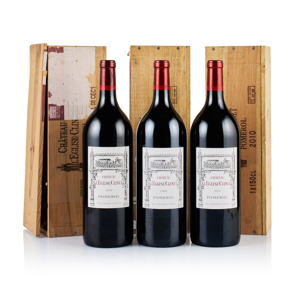 Château l'Eglise-Clinet, Pomerol, 2008, 2009 & 2010 (3 x Magnum): Château l'Eglise-Clinet, Pomerol, 2008 (1 x Magnum) Region: Bordeaux Fill Level: base of neck Capsule: slightly creased Cork: ok Label: excellent appearance Packaging: original wooden case