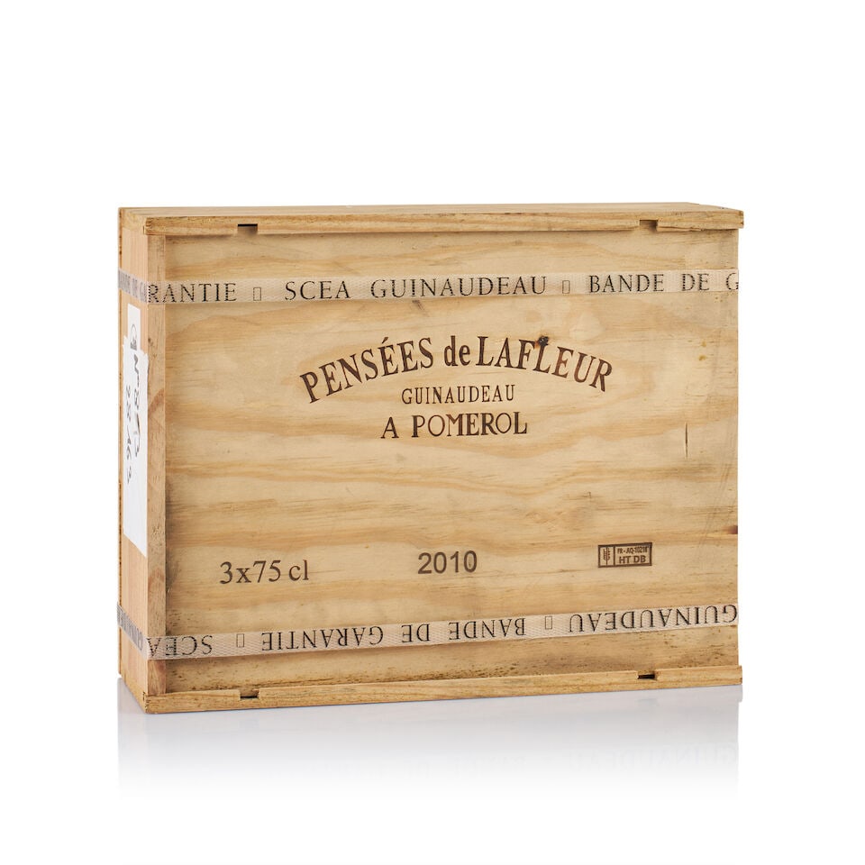 Château Lafleur, Pomerol, Les Pensées de Lafleur, 2010 (3 x 750ml): Château Lafleur, Pomerol, Les Pensées de Lafleur, 2010 (3 x 750ml) Region: Bordeaux Packaging: original wooden case Miscellaneous: banded, not open For further information on this lot