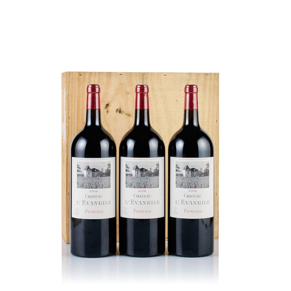 Château l'Evangile, Pomerol, 2008 (3 x Magnum): Château l'Evangile, Pomerol, 2008 (3 x Magnum) Region: Bordeaux Fill Level: into neck Capsule: 3x plastic wrapped, ok Cork: ok Label: excellent appearance Packaging: original wooden