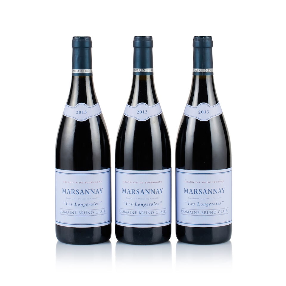 Domaine Bruno Clair, Marsannay, Les Longeroies, 2013 (3 x 750ml): Domaine Bruno Clair, Marsannay, Les Longeroies, 2013 (3 x 750ml) Region: Burgundy Fill Level: 1x good, 1x under 0.8cm, 1x under 0.5cm below base of capsules Capsule: ok Cork: ok Label: excellent appea