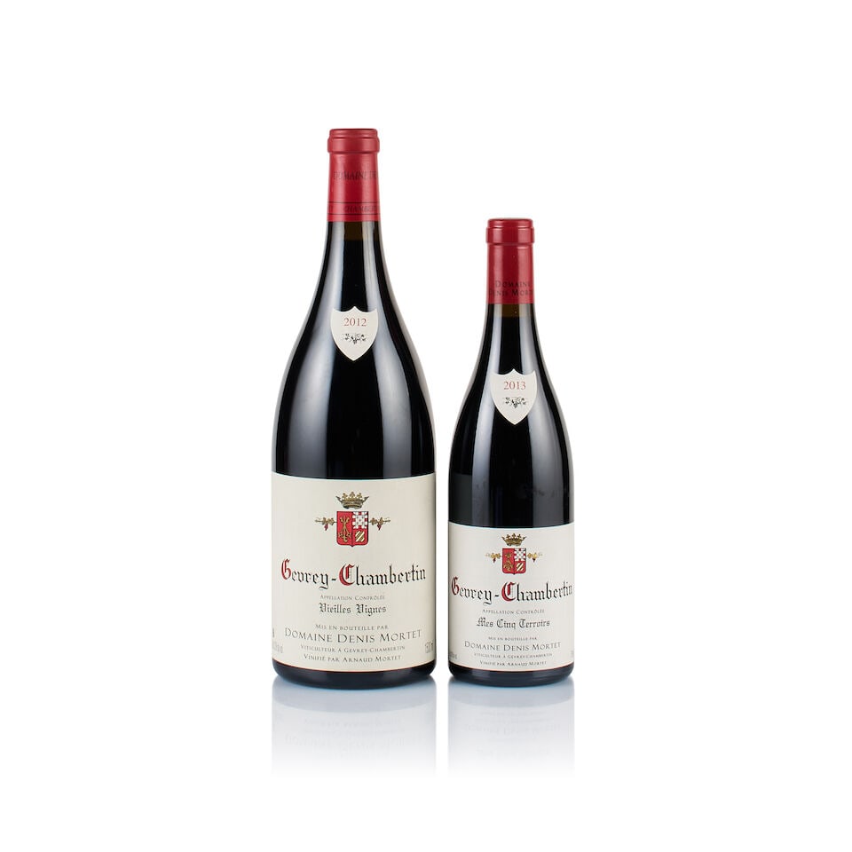 Mixed Lot of Domaine Denis Mortet, Gevrey-Chambertin, 2012 & 2013 (1 x 750ml & 1 x Magnum): Domaine Denis Mortet, Gevrey-Chambertin, Vieilles Vignes, 2012 (1 x Magnum) Region: Burgundy Fill Level: under 1cm below base of capsule Capsule: ok Cork: slightly depressed Label: very slightly stain